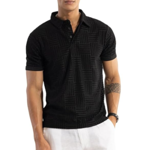 SNITCH Men T-Shirts | Textured Self-Design Slim Fit Polo T-Shirt