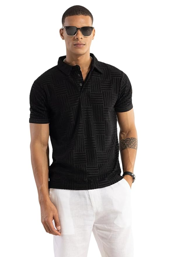 SNITCH Men T-Shirts | Textured Self-Design Slim Fit Polo T-Shirt