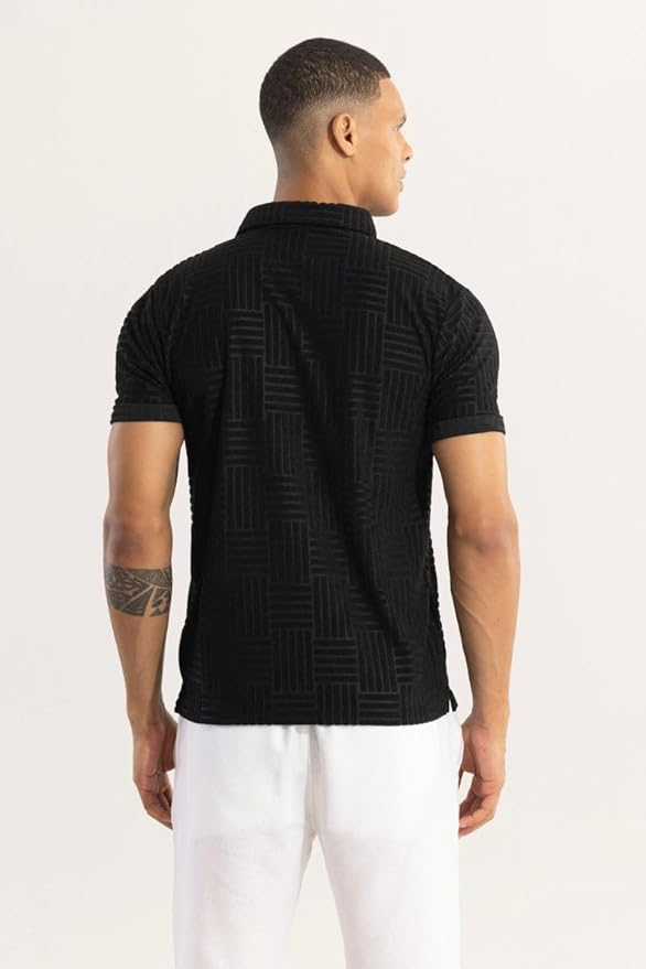 SNITCH Men T-Shirts | Textured Self-Design Slim Fit Polo T-Shirt - Image 4