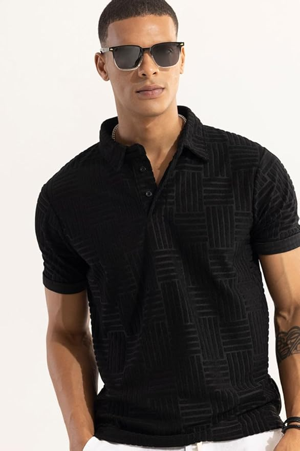SNITCH Men T-Shirts | Textured Self-Design Slim Fit Polo T-Shirt - Image 3