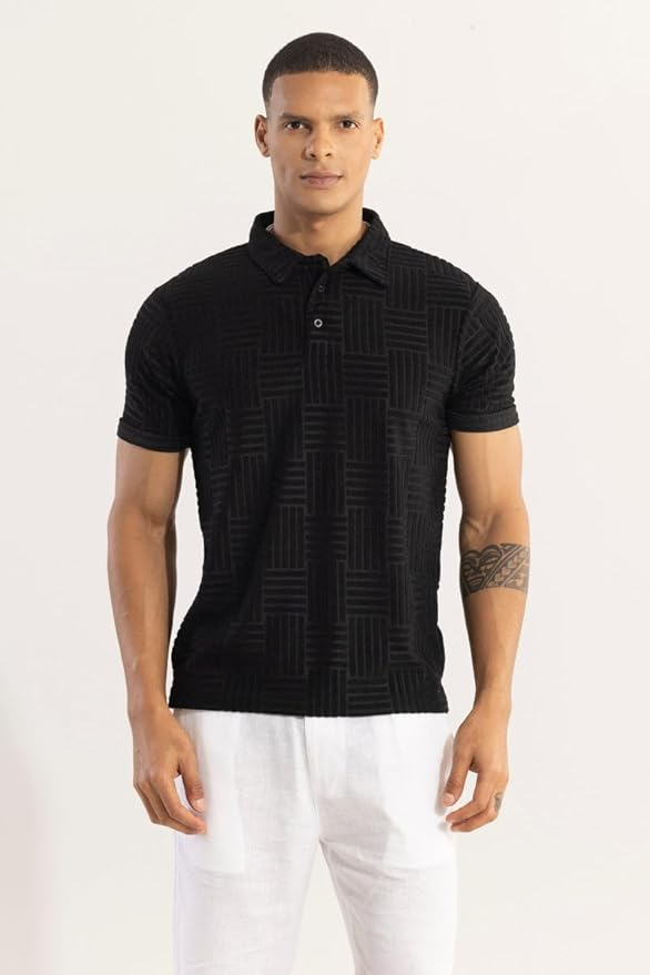 SNITCH Men T-Shirts | Textured Self-Design Slim Fit Polo T-Shirt - Image 2